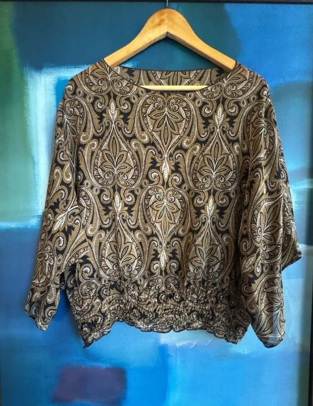 Paisley Silk Blouse Brown Gold Dolman Sleeve